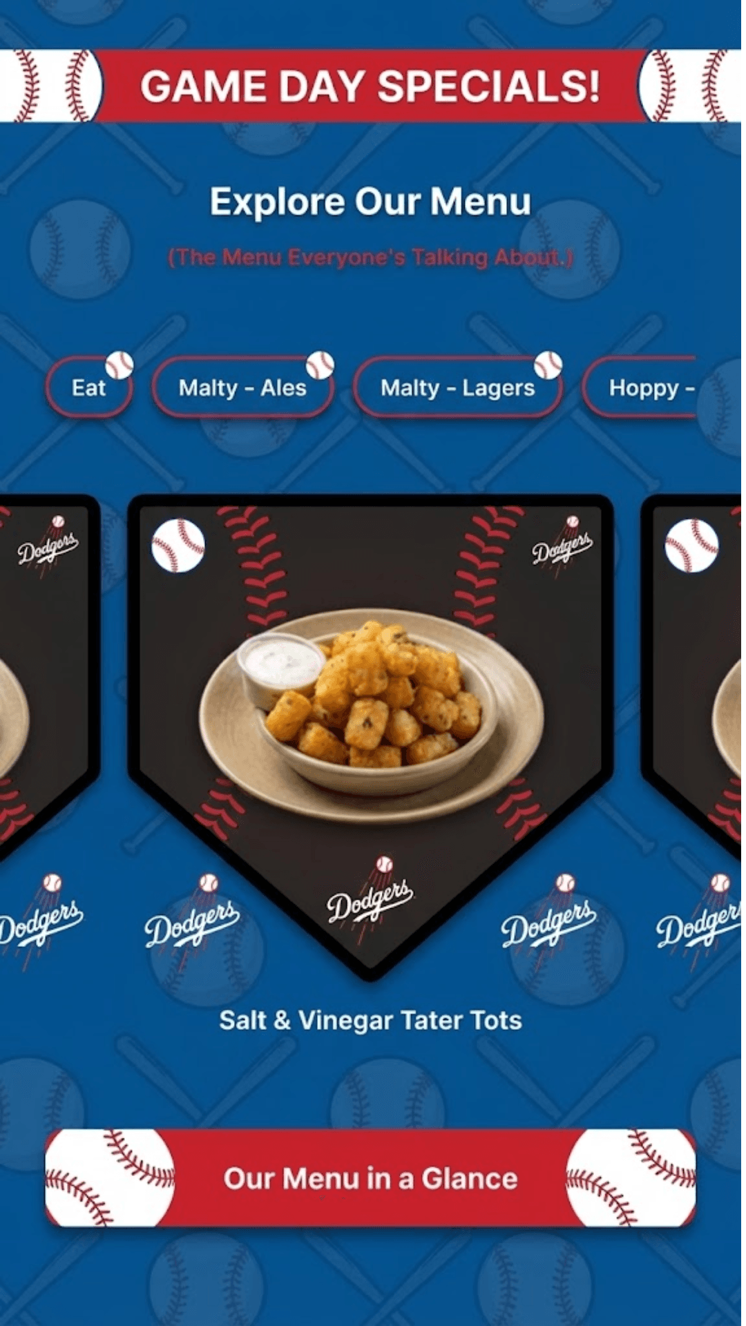 Responsive menu interface displaying dishes with pricing and descriptions